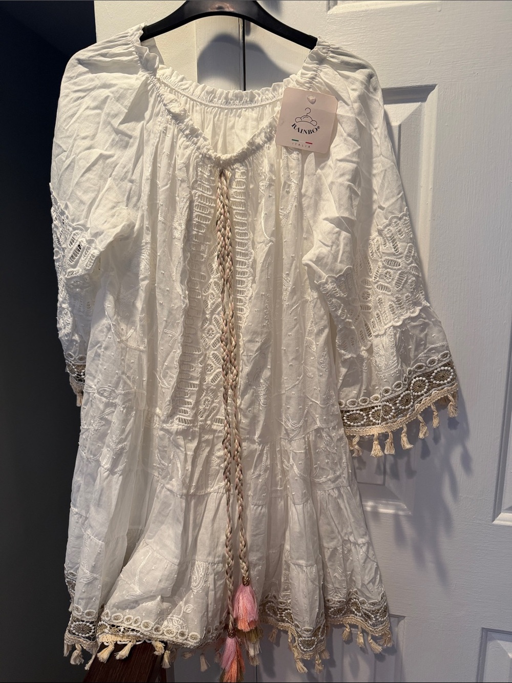 White Embroidered Tassel Hem swimwear cover up